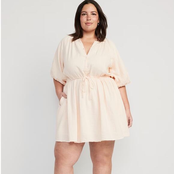 OLD NAVY Waist Defined Puff Sleeve Mini Dress Cooling Oasis Gauze Cream {BB13} - Picture 1 of 2